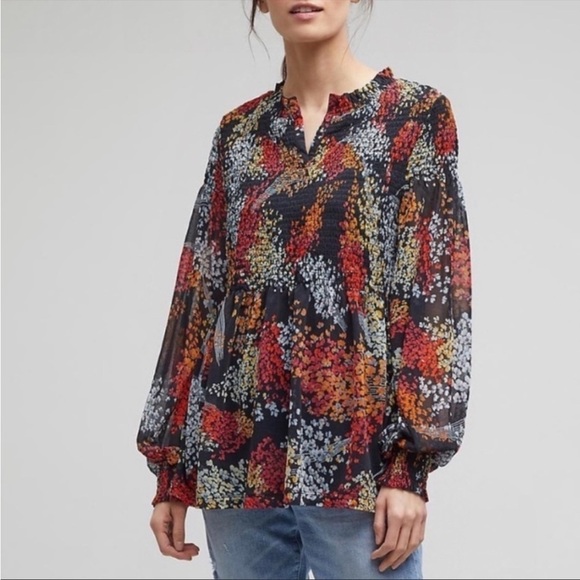 Anthropologie Tops - Anthropologie Akemi and Kim Top Adria Smocked Blouse Split Neck Shirt Sz S